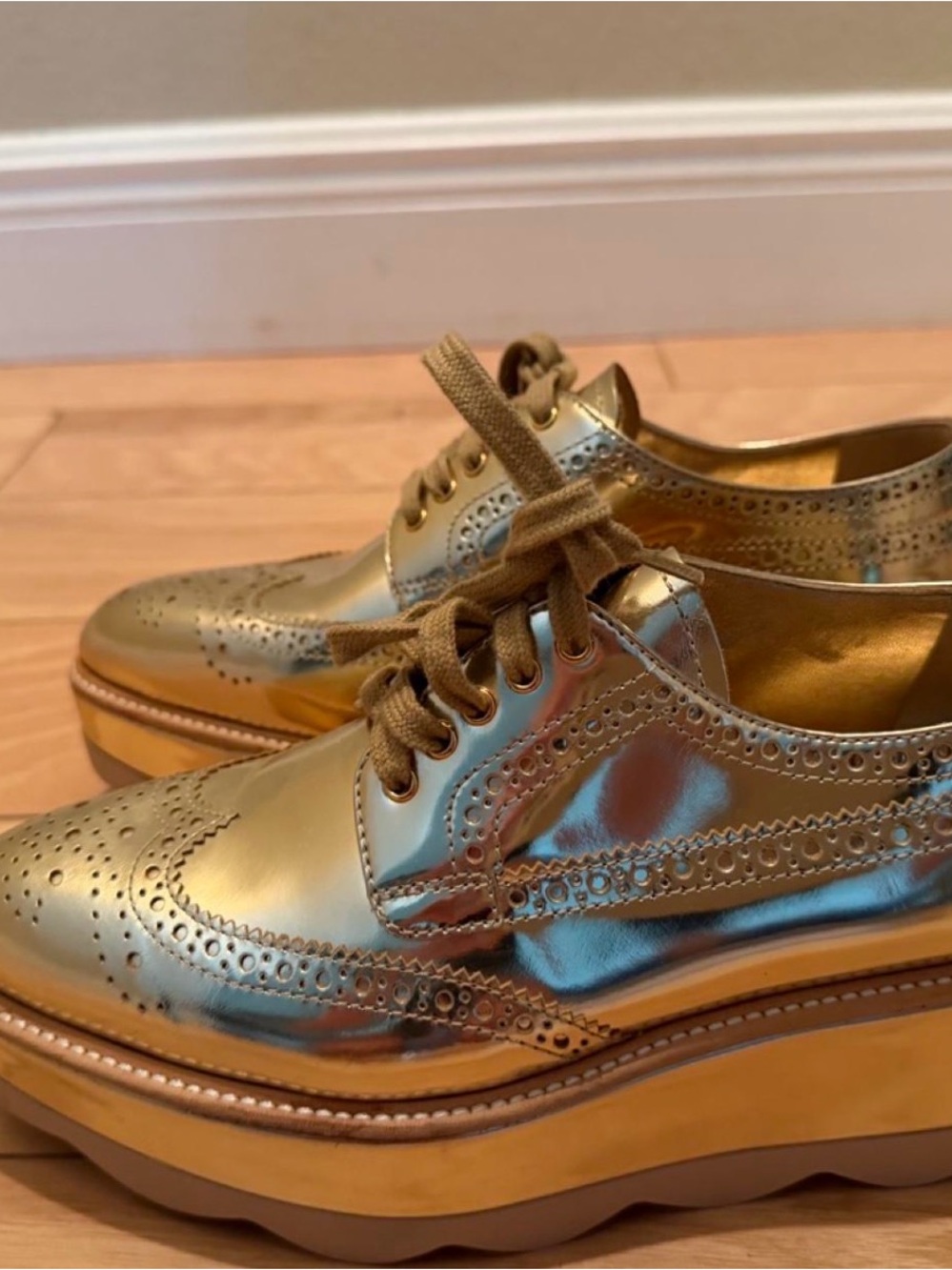 Prada Metallic Gold Brogue Platform Loafers - Women